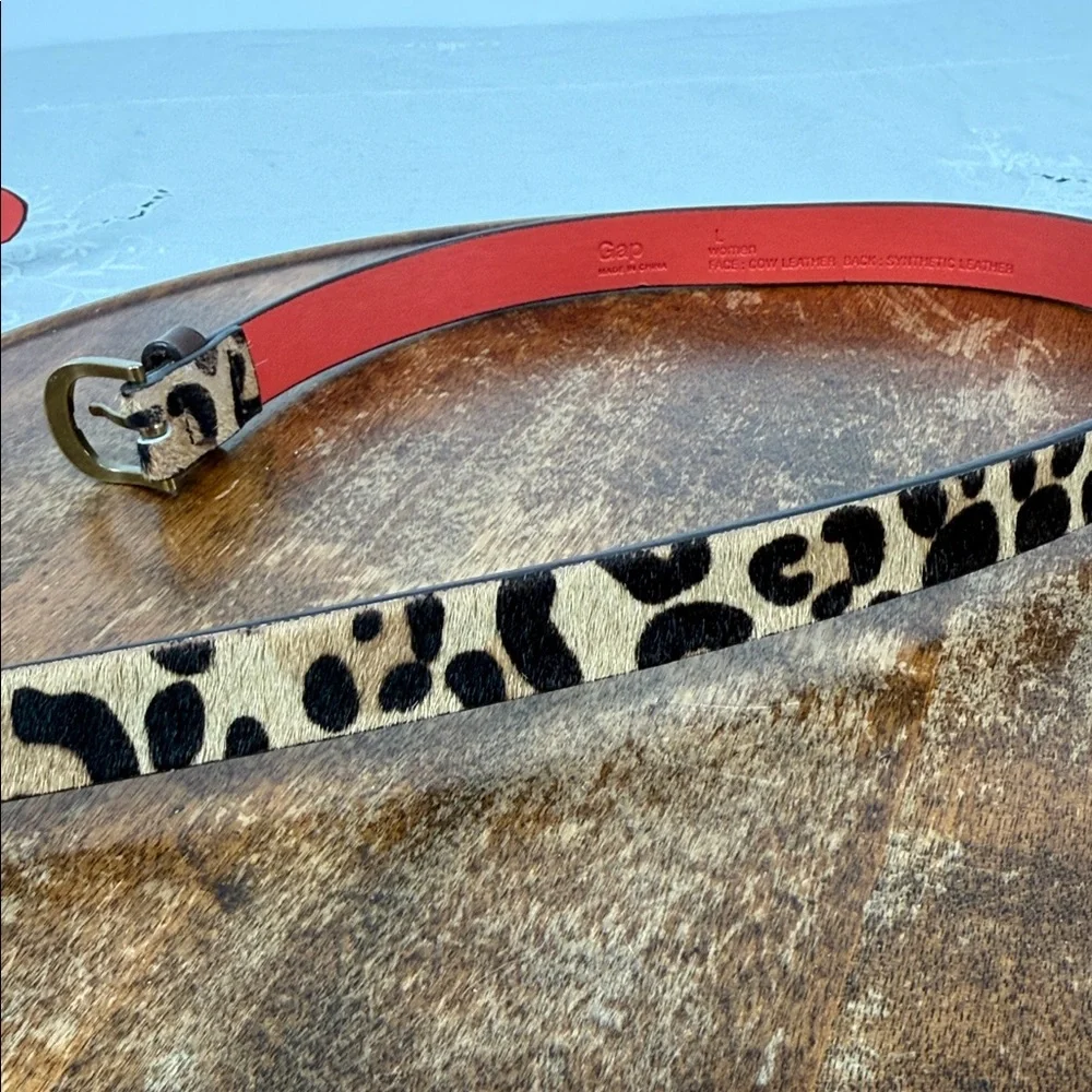 GAP Belt Wm Large Leopard Print Calf Hair Red Faux Leather Interior Thin Animal